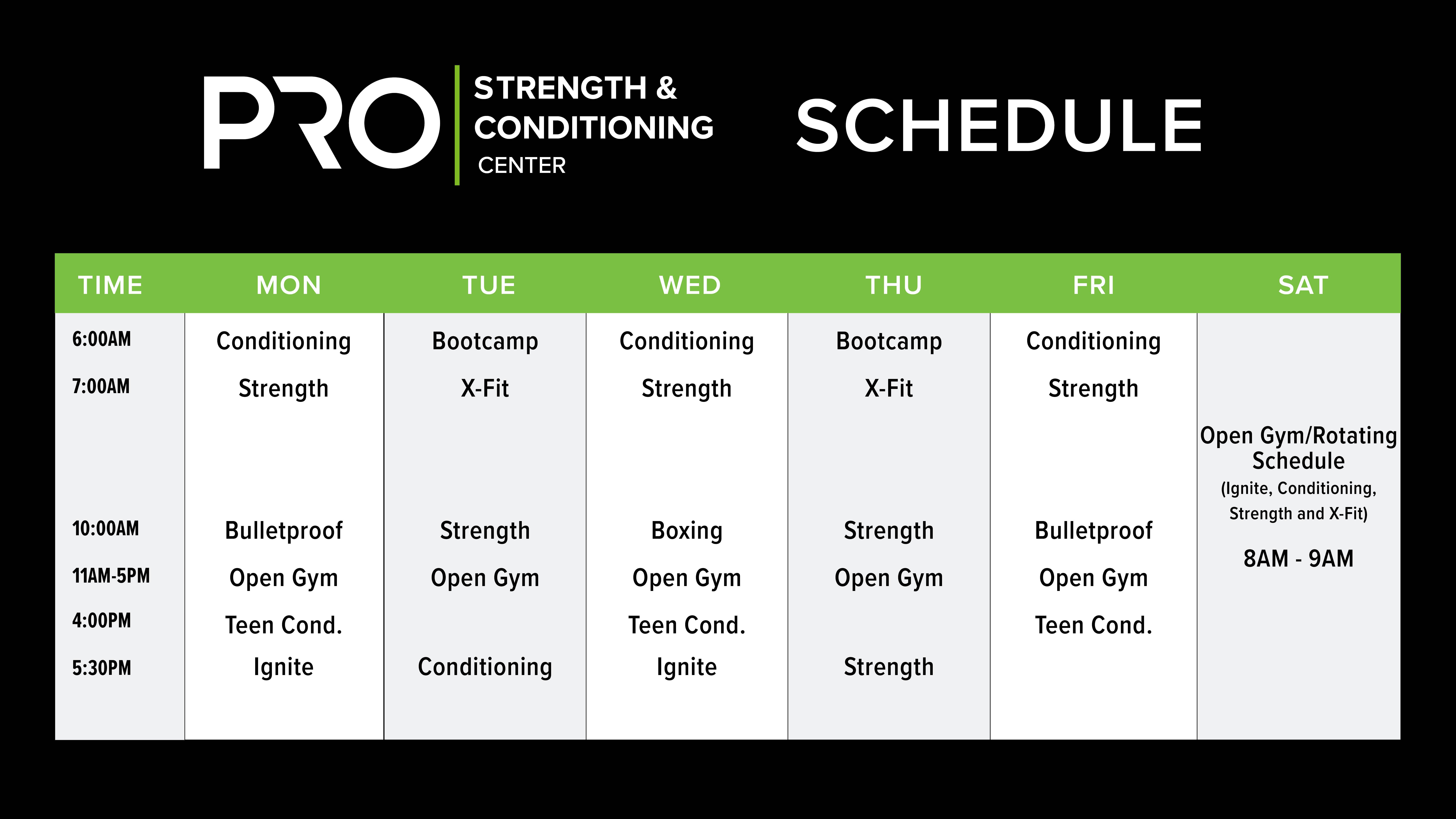 Strength and conditioning center schedule